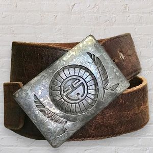 1970s Sterling Silver Willie Yazzie Navajo Belt Buckle on Vintage Leather Belt